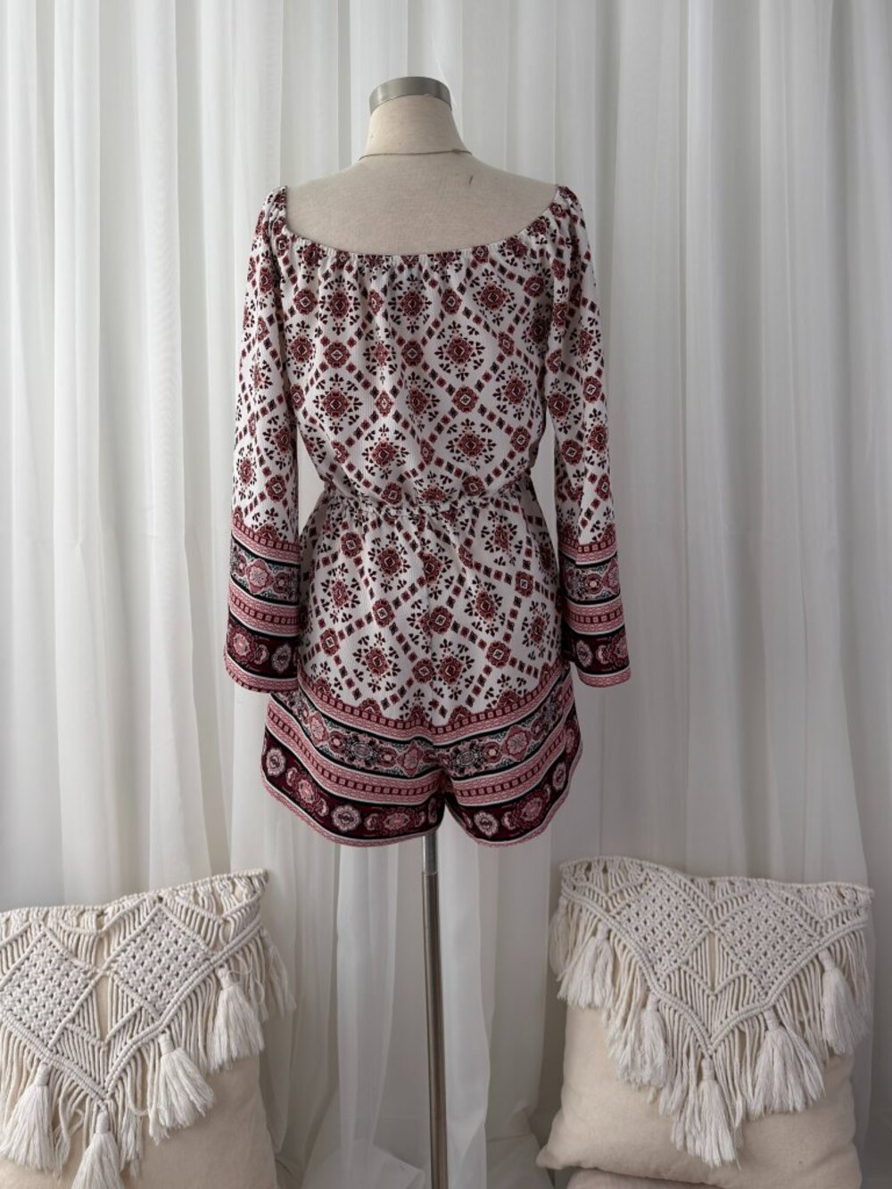 Red Geometric Medallion Bell Sleeve Off Shoulder Boho Romper Womens S Festival - Picture 4 of 7